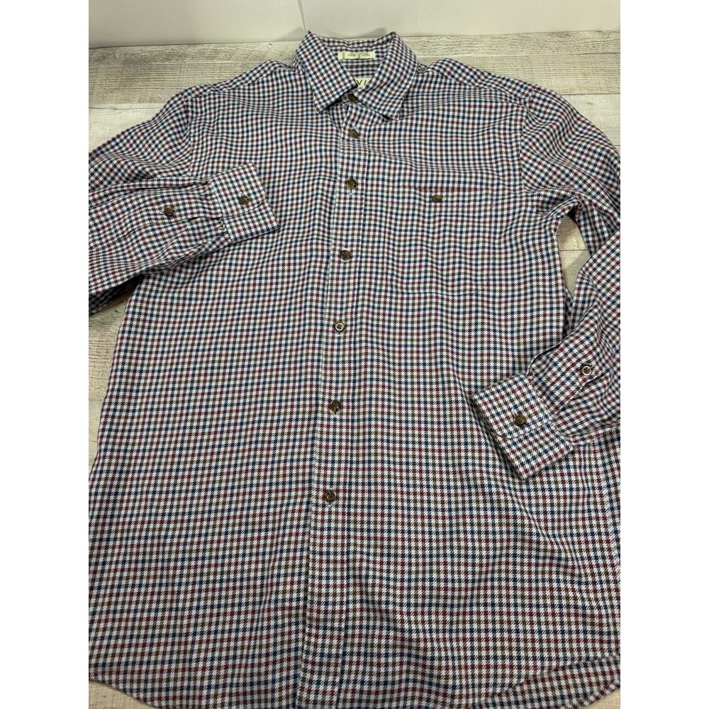 Orvis Men's Medium Flannel Shirt Houndstooth Plaid Cotton Burgundy Blue Brown